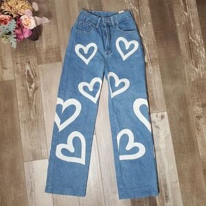 White Heart Graphic Light Wash High-Rise Blue Jeans Girls Size XS EUC